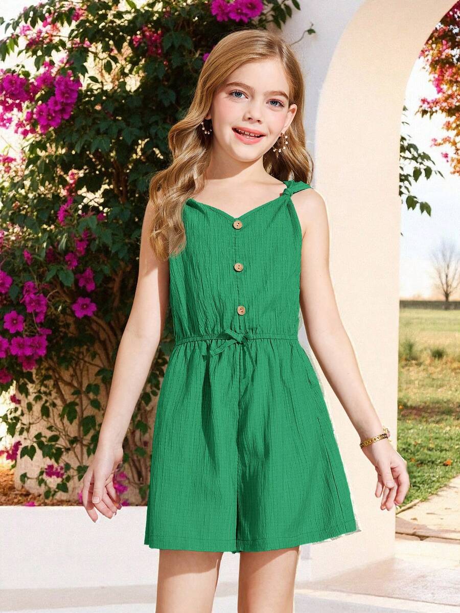 Jumpsuit Kasual Musim Panas Warna Hijau untuk Anak Perempuan Remaja, Rompi Bertekstur Tenun Gaya Rompi dengan Kancing Depan, Gaya Pastoral untuk Jalan-jalan Musim Semi & Minum Teh - Hijau - View 1