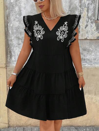 Breezaya Vestido holgado con bordado floral para mujer de talla grande, vestido casual vintage romántico y suelto para vacaciones, conjunto de playa y vacaciones para damas