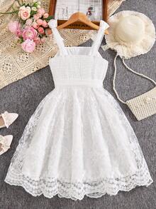 ChillGRL 1pc Tween Girls' Sweet Vacation White Embroidered Mesh Design A-Line Dress, Suitable For Daily, Vacation, Sisterly Gatherings, Spring/Summer - White - View 2