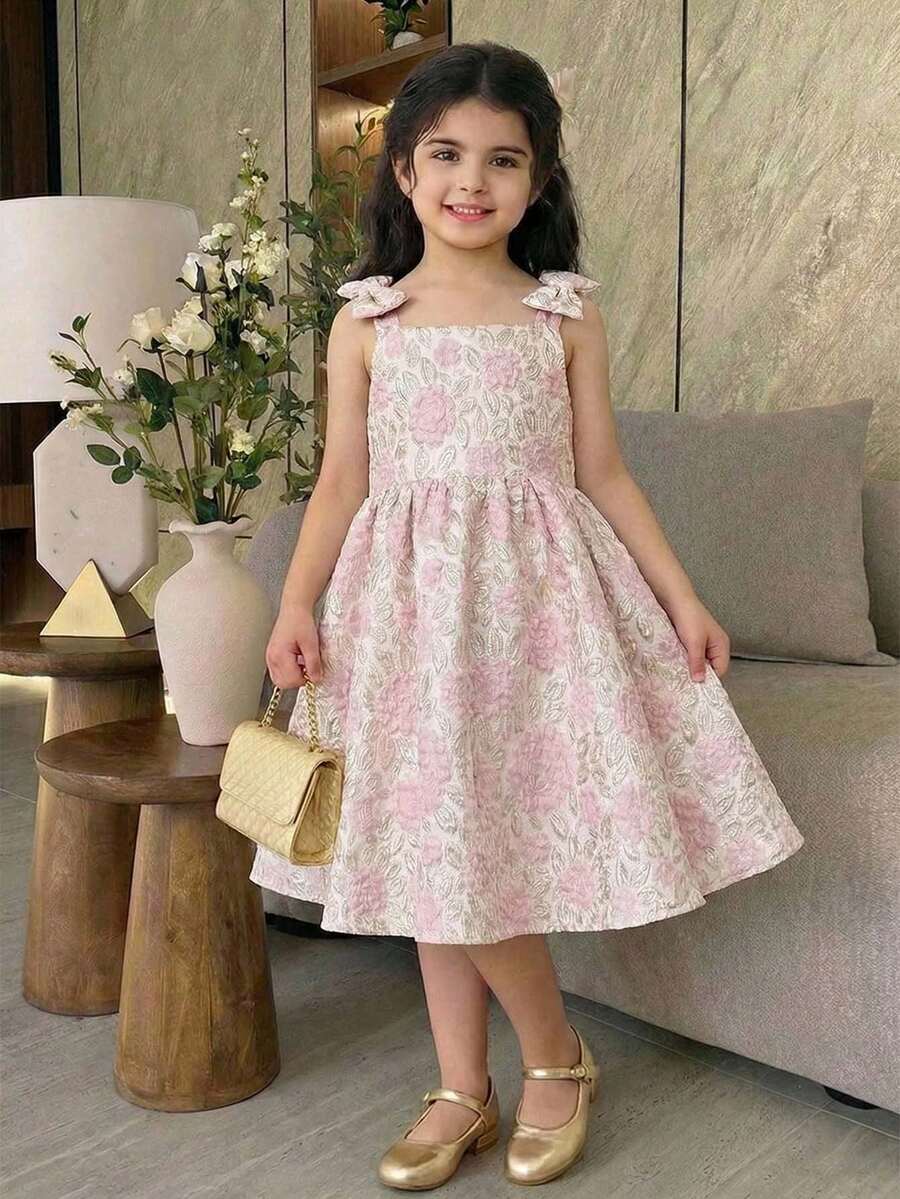 SHEIN Vestido sin mangas con decoración de lazo y bordado floral para niña - Multicolor - Ver 1