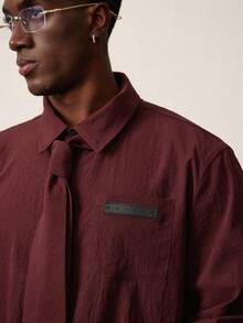 STYNVO 男士纯色简约休闲长袖衬衫 男士长袖衬衫 男士宽松衬衫 男士酒红色衬衫 男士纹理衬衫 男士休闲衬衫 男士宽松衬衫 带口袋休闲衬衫 - 棕色 - 查看 5