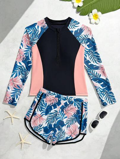 Tween Girls Tankini Swimsuit, Tropical Leaf Print Knit Fabric, Sleeveless Crop Top + Shorts, Elegant Casual Swimwear For Swimming, Beach, Pool, Summer Vacation, Party