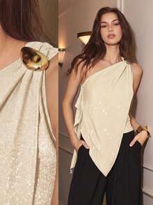 Maija Women's Asymmetrical Shoulder Design Blouse, Summer Fashion - Apricot - View 4