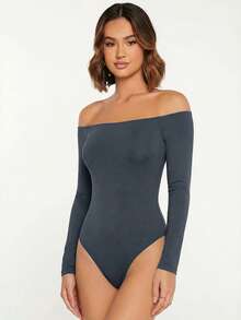 SHEIN BASICS 女士时尚性感纯色露肩长袖连体衣 - 深灰色 - 查看 4