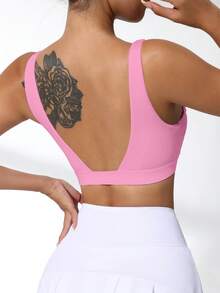 Easithlete Áo ngực thể thao nữ gợi cảm, tối giản, màu trơn, cổ chữ V sâu, hở lưng, thích hợp mặc hàng ngày đi làm. - Hồng - Xem 2