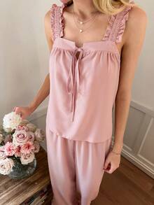 Snug Reverie Women's Sleeveless Top With Wide Straps & Ruffle Hem And Pants Pajama Set - Pink - View 4