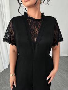 Elenzga 大码女士优雅蕾丝拼接V领短袖黑色连体裤，适合春季、情人节、新年穿着，适合曲线身材，黑色连体裤，大码女士连体裤，蕾丝连体裤 - 黑色 - 查看 6