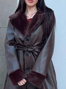 Hitanina Women's Fluffy Panel Front Button Closure Long Sleeve Casual PU Leather Trench Coat Fall Winter Cloth For Women - Brown - View 3