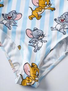 TOM & JERRY X SHEIN Tween Girl Cartoon Print Casual Jumpsuit Swimsuit - Blue and White - View 6