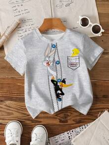 LOONEY TUNES X SHEIN 男童休闲卡通印花短袖T恤，夏季 - 白色 - 查看 1