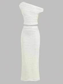 SHEIN Girlism Tween Girls White Textured Knit Jacquard Casual Vacation Elegant Asymmetric Shoulder Short Sleeve Fitted T-Shirt Co-Ord Set, Boho Tropical, Wedding Guest, Graduation, Brunch, St. Patrick's Day, Spring Break, Easter, Music Festival - White - View 3