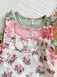 SHEIN Vintaside Kids 3件套女童夏季休闲可爱甜美舒适弹力上衣，包括纯粉色、杏色和条纹荷叶边袖背心，适合居家、度假和日常穿着。 - 彩色 - 查看 5