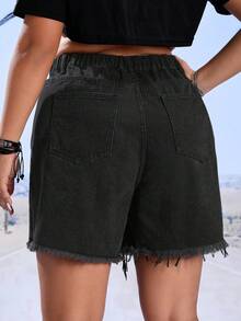 SHEIN EZwear 大码女式口袋做旧流苏宽松牛仔短裤 - 黑色 - 查看 2