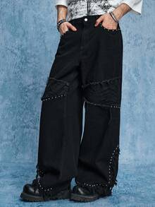 ROMWE MEN Street Life 男士时尚街头铆钉细节拼接流苏下摆阔腿牛仔裤 - 黑色 - 查看 1