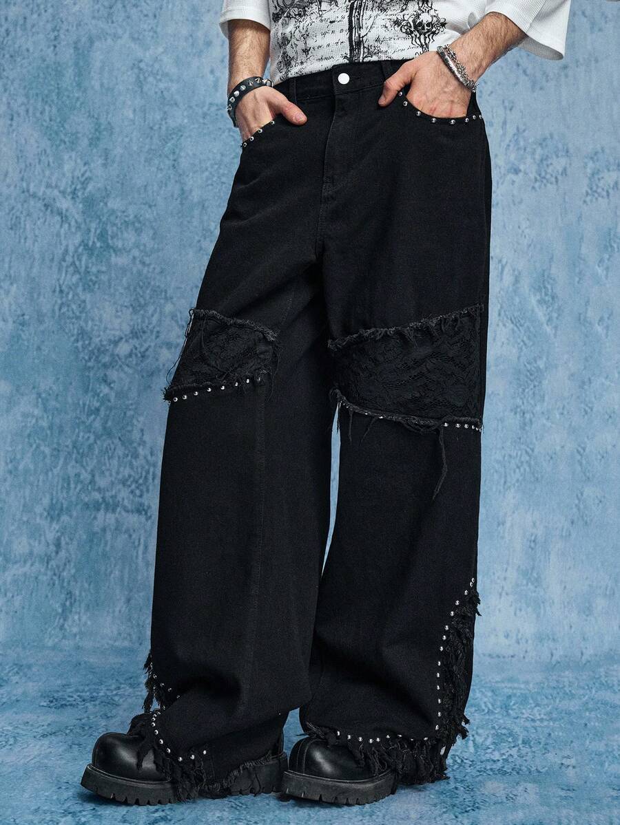 ROMWE MEN Street Life 男士时尚街头铆钉细节拼接流苏下摆阔腿牛仔裤 - 黑色 - 查看 1