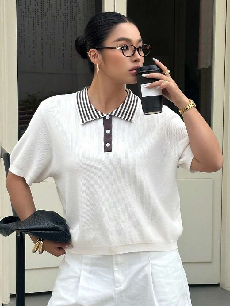 Dazy Plus Plus Size Casual Patchwork Striped Polo Collar Short Sleeve Knit Top Summer