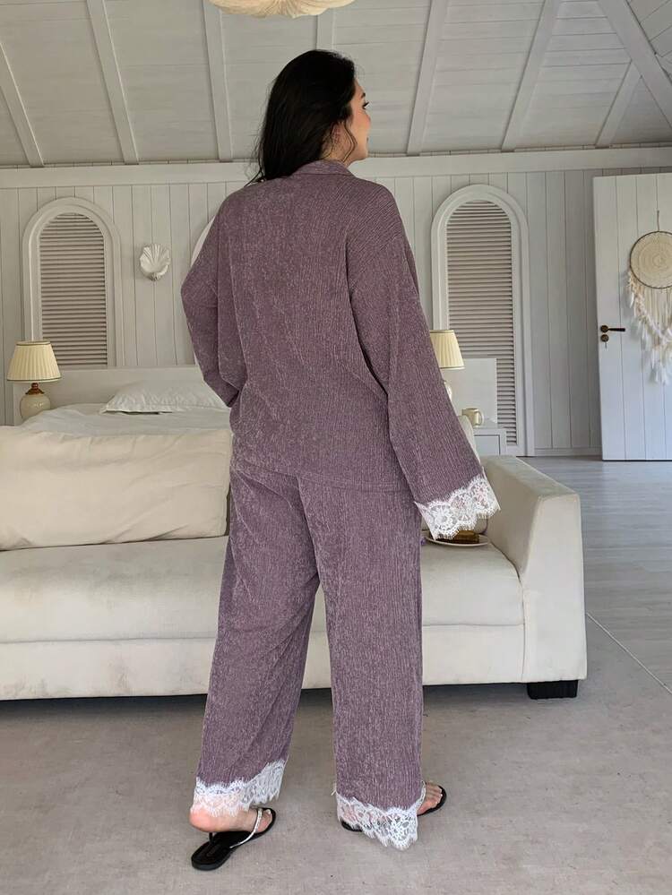 Dazy Plus 2pcs Elegant Purple Contrast Lace Loose Long Sleeve Top And Long Pants Pajama Set, Spring/Summer