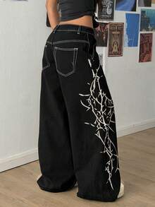 StreetHx Women's Fashion Casual Street Punk Print Wide Leg Jeans - Black - View 2