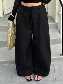 Dazy Plus Plus Size Women Casual Everyday Commute Simple Solid Color Loose Wide Leg Pants - Black - View 5