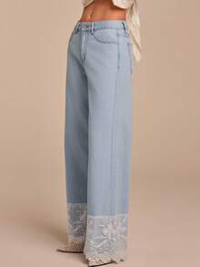 COSMINA Denim Quần jean nữ, thiết kế phối ren, có túi, màu xanh denim, phù hợp cho kỳ nghỉ hè và mặc hàng ngày, quần jean nữ thanh lịch. - Màu xanh lam - Xem 6