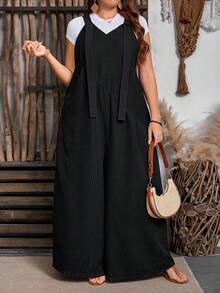 Breezaya Plus Size Striped Jumpsuit Dark Grey Woven Fabric Cropped Length With Pockets Casual Sleeveless Design - Dark Grey - View 6