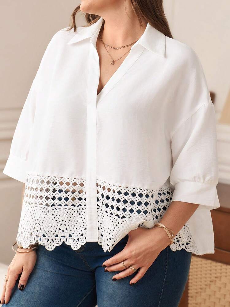 Plus Size Summer Casual Solid Color Hollow Out Shirt/Vacation White Beach Going Out Top