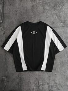 AXEPEAK Men's Contrast Graphic Print Casual Round Neck Short Sleeve T-Shirt, Summer - Black - View 1