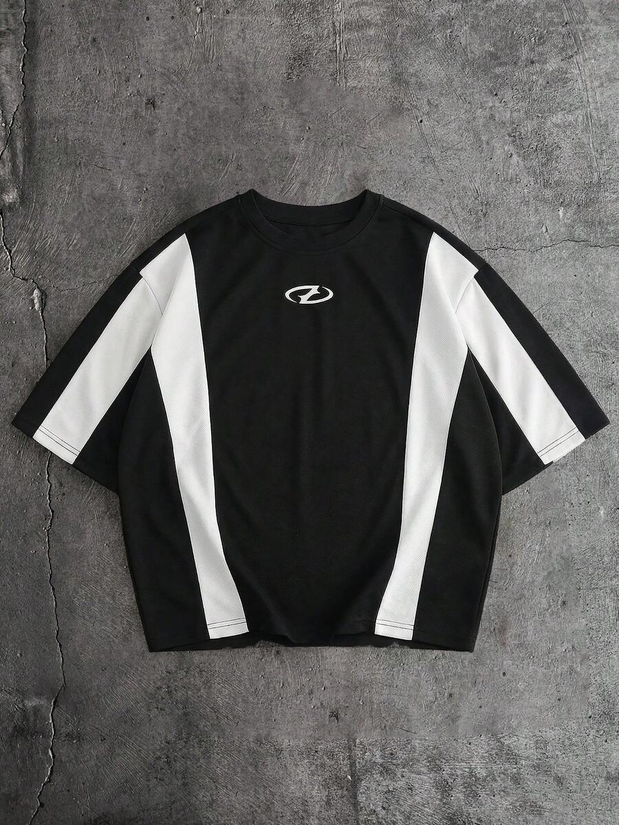 AXEPEAK Men's Contrast Graphic Print Casual Round Neck Short Sleeve T-Shirt, Summer - Black - View 1