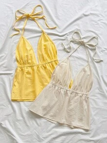 Soleia Bộ 2 áo hai dây gợi cảm họa tiết da báo, cổ yếm, chữ V, hở lưng, chất liệu có họa tiết, thích hợp cho kỳ nghỉ, hẹn hò, tiệc trà chiều, du lịch, lễ hội âm nhạc, phong cách boho. - Nhiều màu - Xem 2