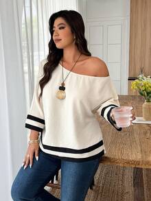 Weeklong Plus Size Women Spring/Summer Asymmetric Collar Contrast Trim Casual Vacation Shirt - Apricot - View 4