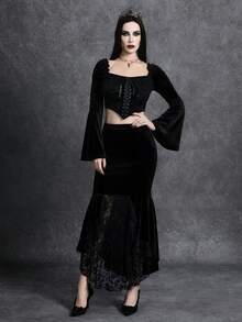 Glisette 2pcs Women's Fashionable Black Velvet & Lace Patchwork Set - Black - View 5