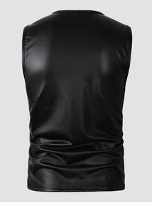 Manfinity LEGND 男士纯色V领无袖休闲百搭背心，夏季男士肌肉衫，男士皮质背心，男士短袖上衣，男士无袖T恤，男士性感上衣，男士性感上衣，皮质上衣，男士短袖背心，男士无袖T恤 - 黑色 - 查看 2