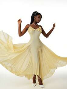 Amplova 2026新款3D立体花卉抹胸不对称下摆吊带连衣裙（女款） - 鵝黃色 - 查看 8