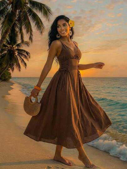 SHEIN Lady Women's Solid Color Waist Tie Design Spaghetti Strap Dress, Vacation