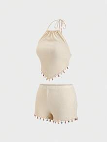 TRNVIE Women's Textured Fabric Halter Backless Shell Tassel Camisole And High Waisted Shorts,Apricot,Summer,Boho,Beach,Holiday Patchwork Outfit - Beige - View 4