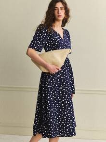 Écloséra Đầm thanh lịch dành cho nữ, đầm kiểu Pháp, đầm hở lưng, đầm chấm bi, đầm phối màu, đầm họa tiết, đầm xuân/hè, đầm chữ A, đầm có chất liệu vải. - Màu xanh hải quân - Xem 3