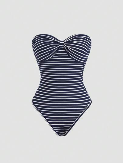 Sweetra Women's Blue Striped Ruched Fitted Sexy Romantic Beach Resort Sleeveless Bodysuit
