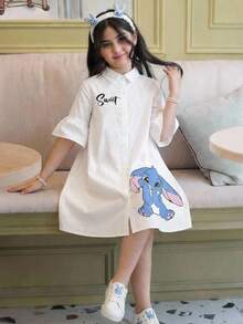 SHEIN Tween Girls' Loose Casual Minimalist Comfortable Collared Dress - Red and White - View 1