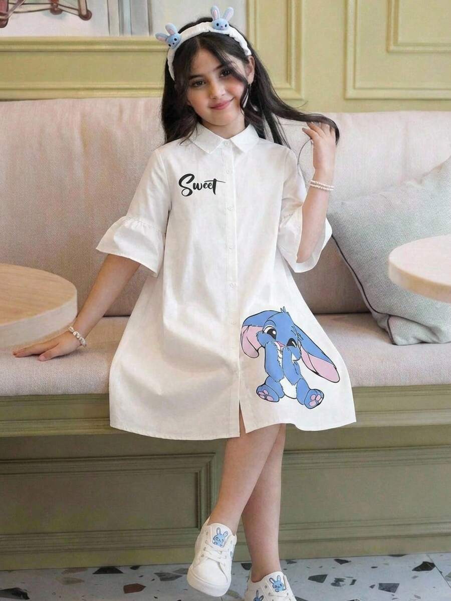 SHEIN Tween Girls' Loose Casual Minimalist Comfortable Collared Dress - Red and White - View 1