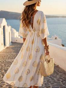 SHEIN Holidaya New Fashion Versatile Casual Drawstring Foil Print French Style Vacation Dress For Women Women Vacation Dress Boho Summer Dress Women Mediterranean Style Clothes Greece Vacation Outfits Women Italy Summer Dress - White - View 2