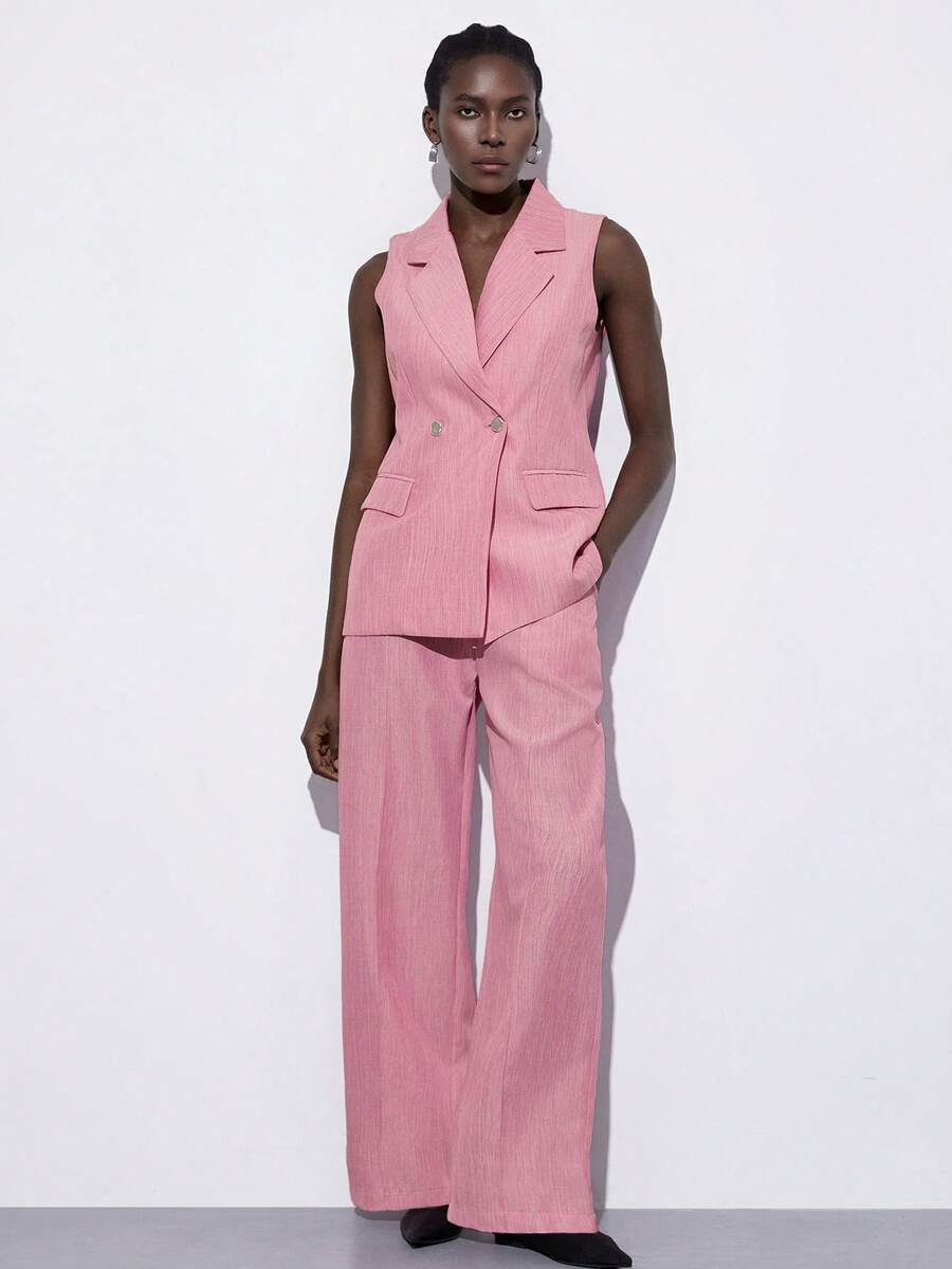 Aveloria Modichic Nuevo conjunto de traje de mujer con chaleco asimétrico de hebilla y pantalones rectos de solapa sin mangas - Rosa - Ver 1