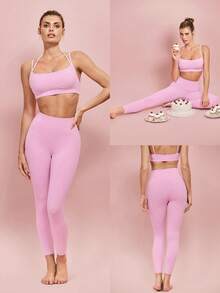 GLOWMODE 24" FeatherFit™ Workout Lover Buttery-Soft Sweat-Wicking Contrasting Seam Tummy Control Booty-Lifting Leggings Low Impact Yoga Pilates Studio Gym Daily Active Casual Wear - Pink - View 9