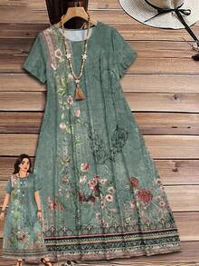 Rusticease Đầm tay ngắn cổ tròn, dáng rộng, phong cách tối giản lãng mạn, họa tiết hoa, thích hợp cho kỳ nghỉ. - Nhiều màu - Xem 1