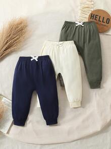 SHEIN Vintaside Kids 3件套男婴纯色前蝴蝶结运动裤 - 軍綠色 - 查看 3