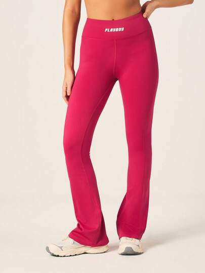 Missguided x Playboy High Waisted Flared Sports Leggings With Brand Text Waistband Pink Athletic Pants Bootcut Stretchy Yoga Fitness Running Activewear