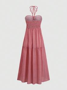 Sweetra Damska sukienka w stylu boho, swobodna, plażowa, w kratę w kolorze czerwonym, z żakardowym wiązaniem i wysokim rozcięciem, wiosna/lato - Czerwony - Zobacz 2