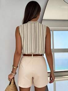 Balvessa Summer Casual Striped Sleeveless Top + Shorts Set - Apricot - View 2