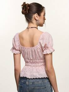 Rina Fox 2026 Women's Hollow Embroidery Square Neck Short Sleeve Blouse - Apricot - View 2