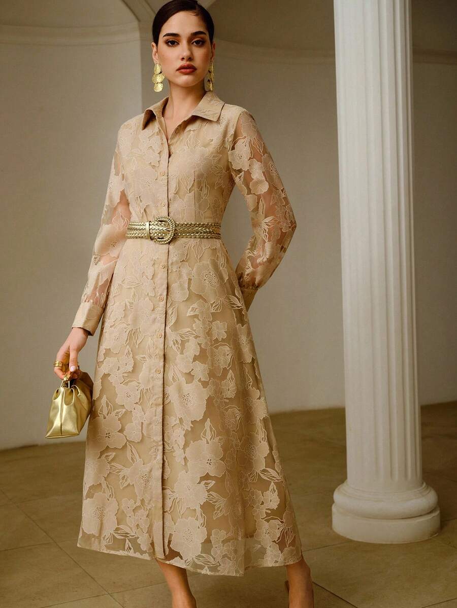 ZEYLAH Vestido de tela con recortes, romántico, fluido y elegante para el té de la tarde - Albaricoque - Ver 1