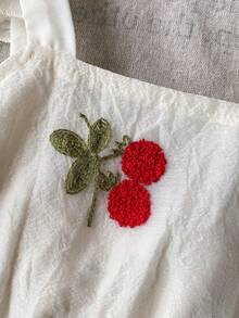 Ruffle Strap Cherry Puff A-Line Dress. Featuring Ruffle Trim Shoulder Straps, A 3D Bow At The Back, And A Puff A-Line Silhouette That Ensures Freedom Of Movement While Maintaining An Elegant Look. Suitable For Outings, Friend Gatherings, And Family Celebrations, Making Your Little One The Center Of Attention. - Apricot - View 5